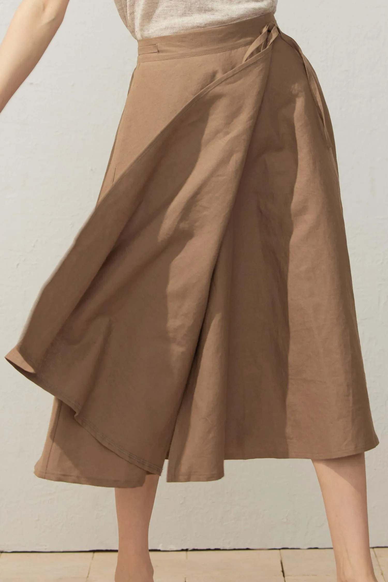A-Line Light Brown Wrap Linen Skirt  C3929