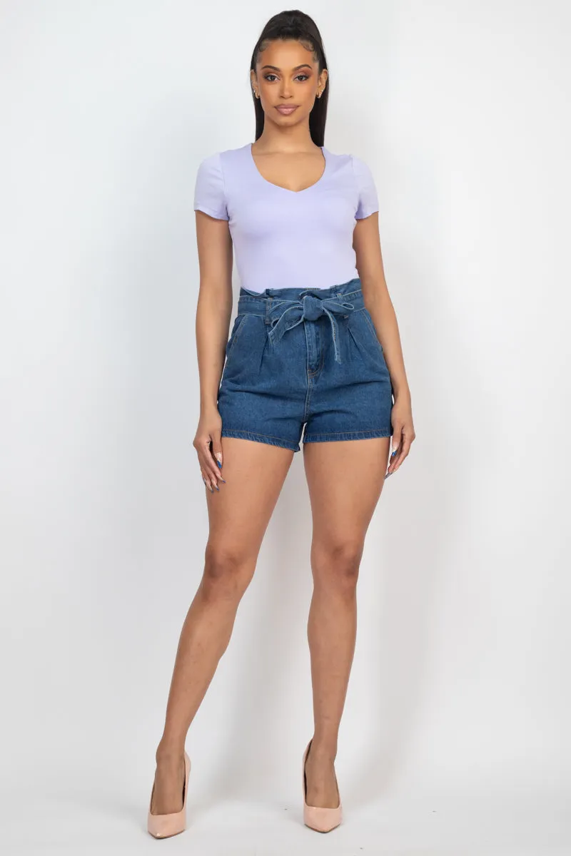 Acid Wash Bow Denim Shorts