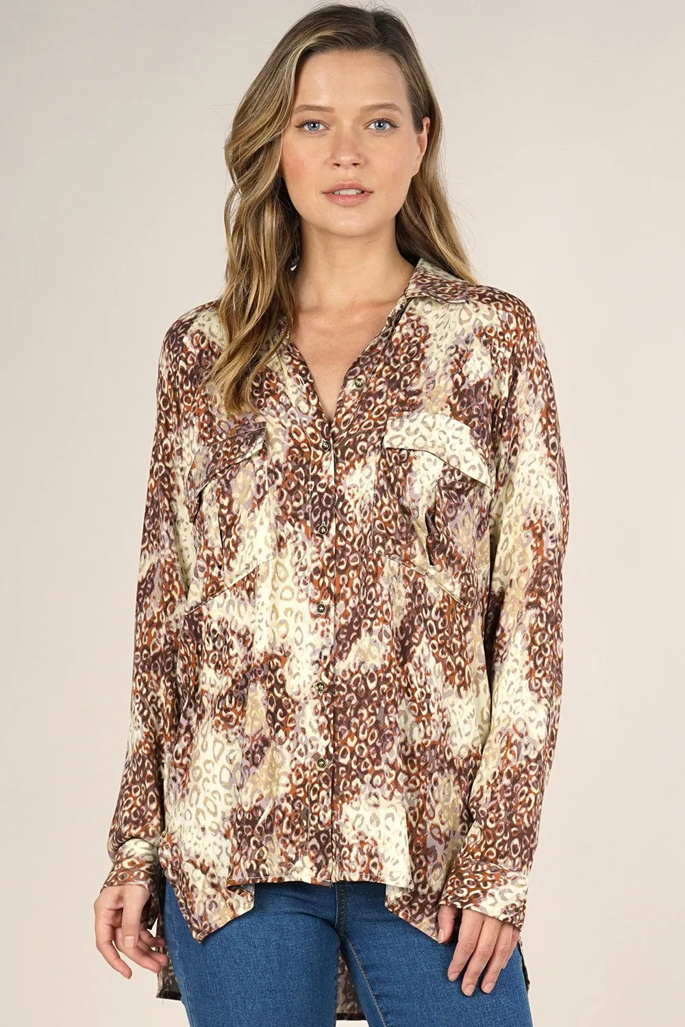 Animal Print Long Sleeve Button Up Fall Top