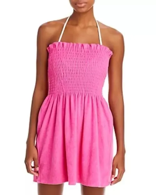 AQUA Smocked Terrycloth Mini Dress Swim Coverup