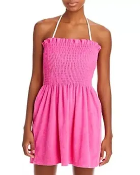 AQUA Smocked Terrycloth Mini Dress Swim Coverup