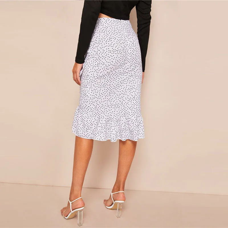 Asymmetrical Ruffle Hem Polka-Dot Midi Skirt