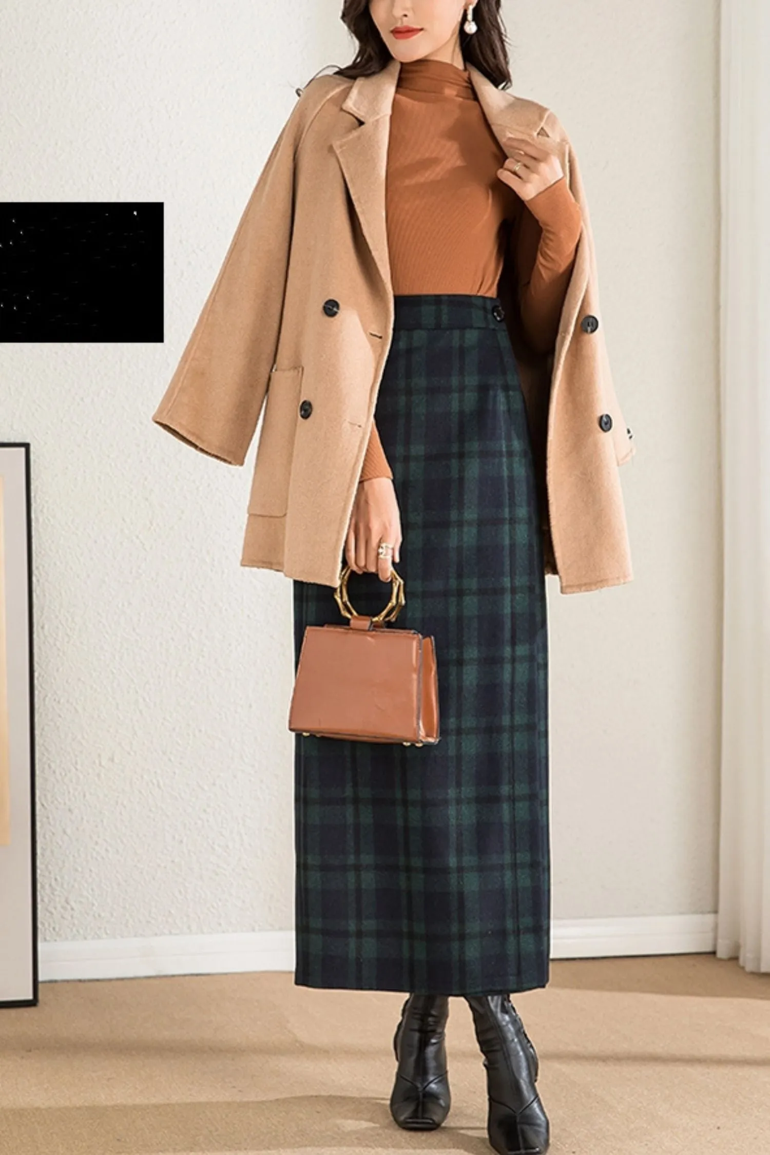 autumn and winter plaid one-piece wool skirt C4275