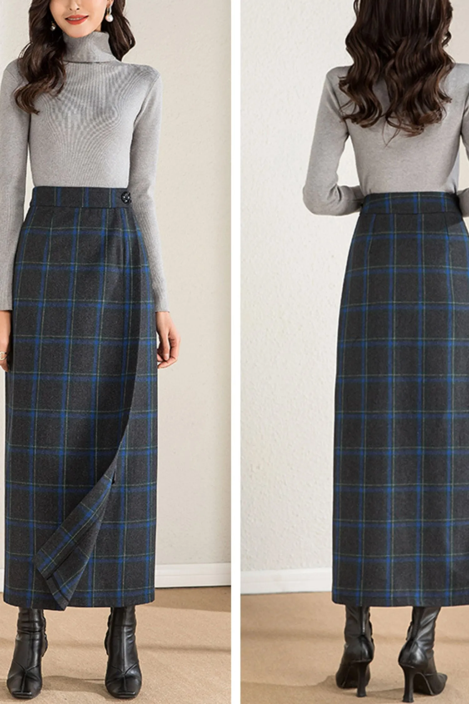 autumn and winter plaid one-piece wool skirt C4275
