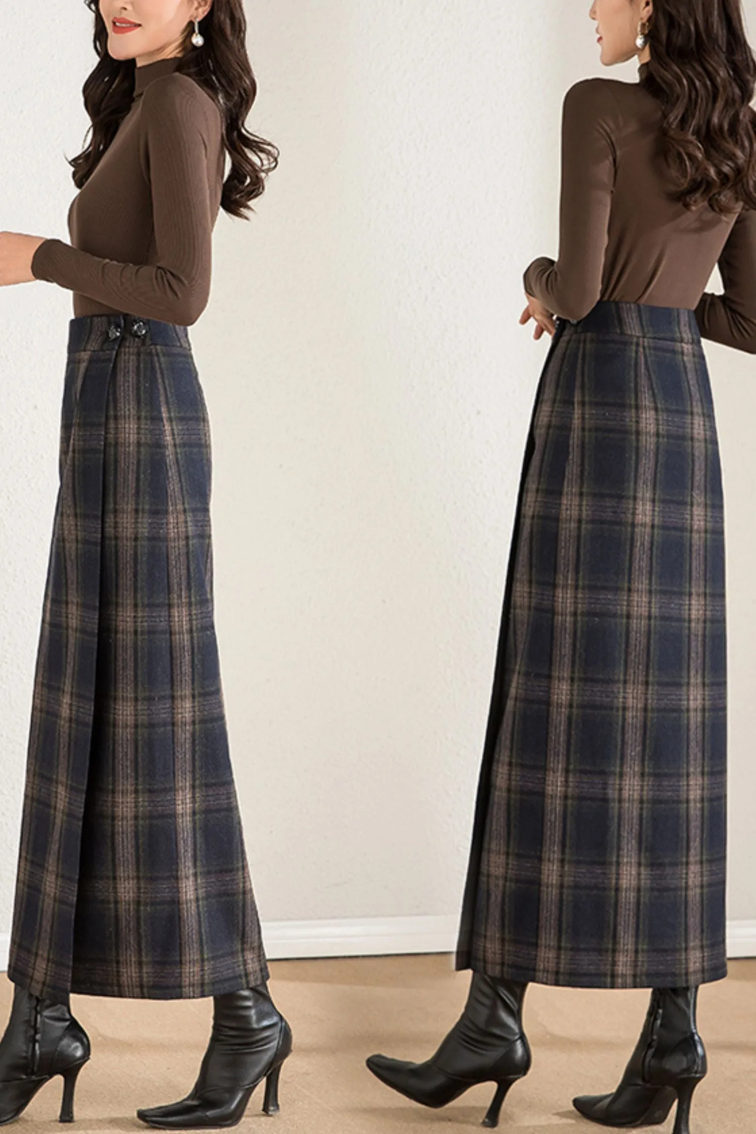 autumn and winter plaid one-piece wool skirt C4275
