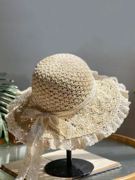 Beige Hand-made Lace Bow Sun Hat