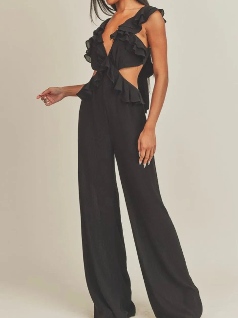 Black Ruffled Cutout Jumpsuit
