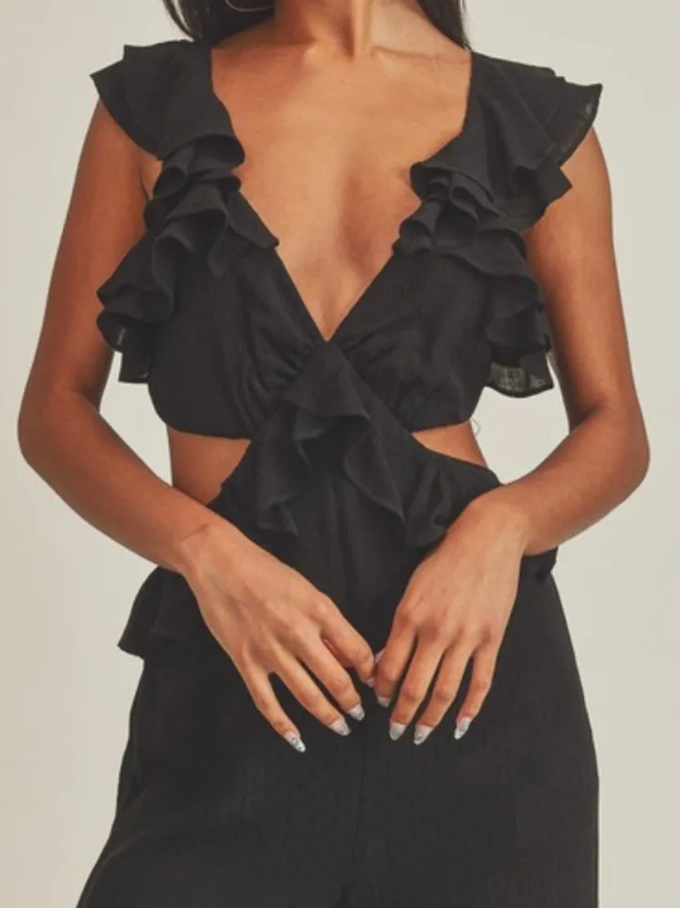 Black Ruffled Cutout Jumpsuit