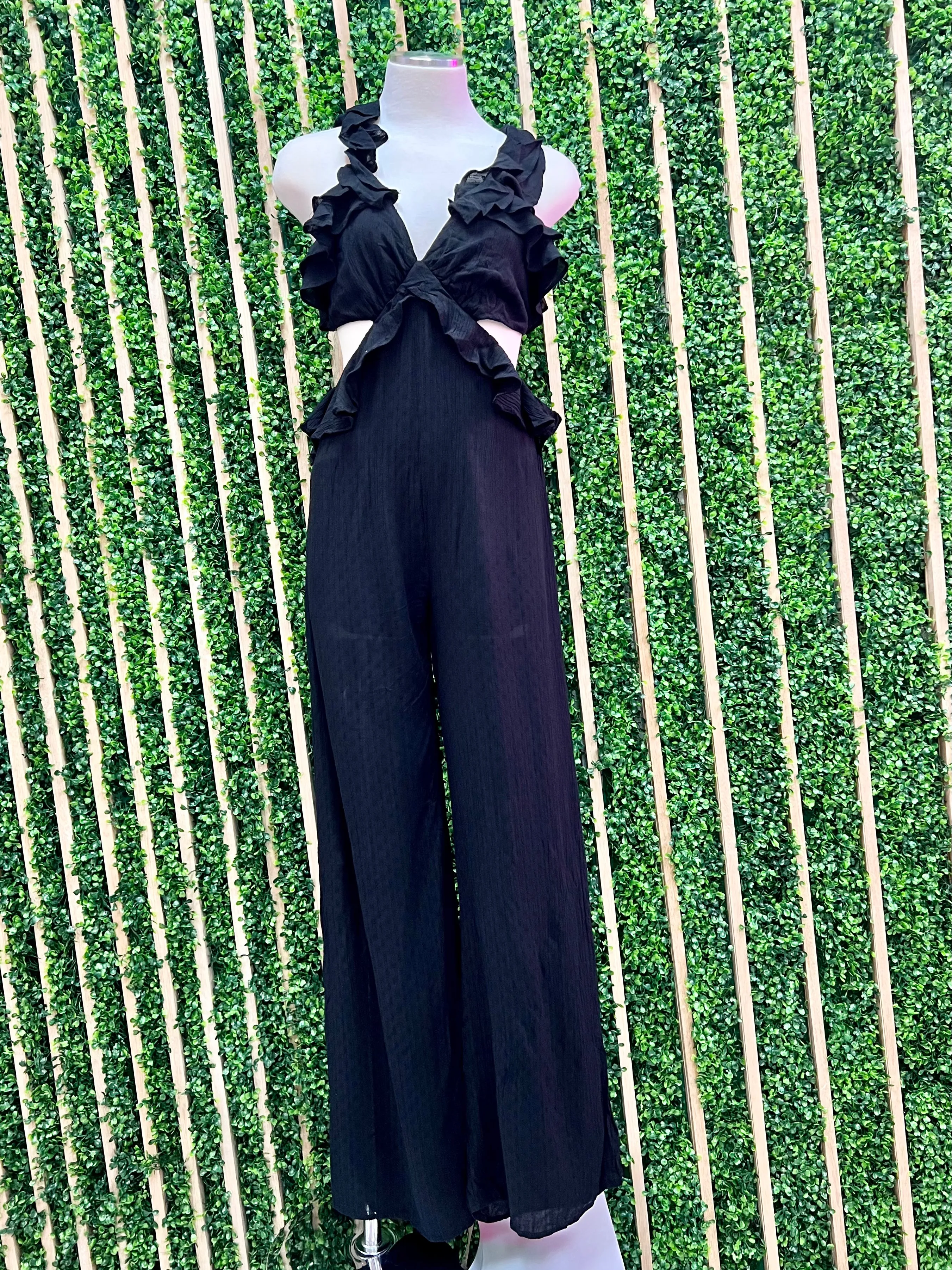 Black Ruffled Cutout Jumpsuit