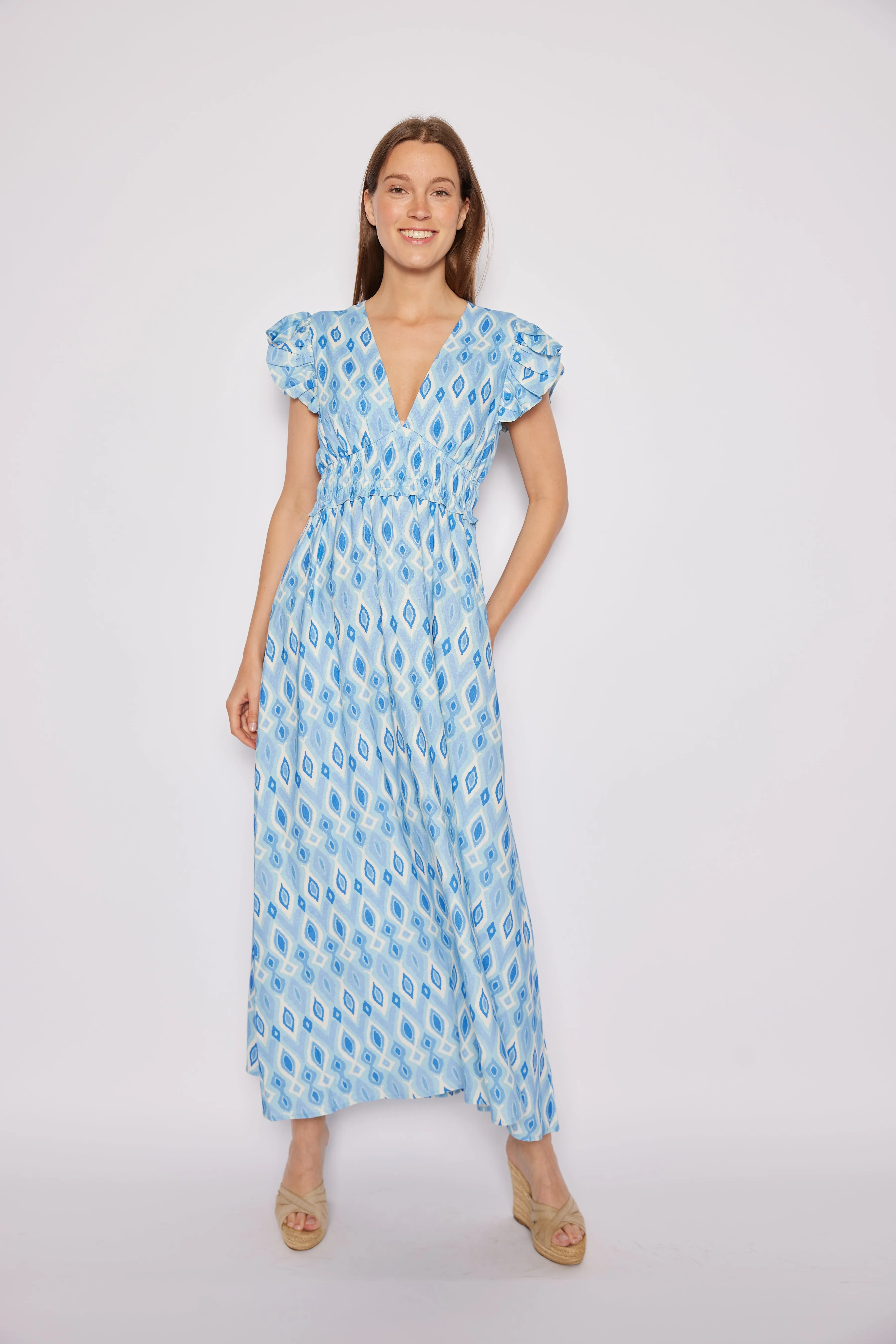 Blue Ikat Flutter Sleeve V-Neck Maxi Dress