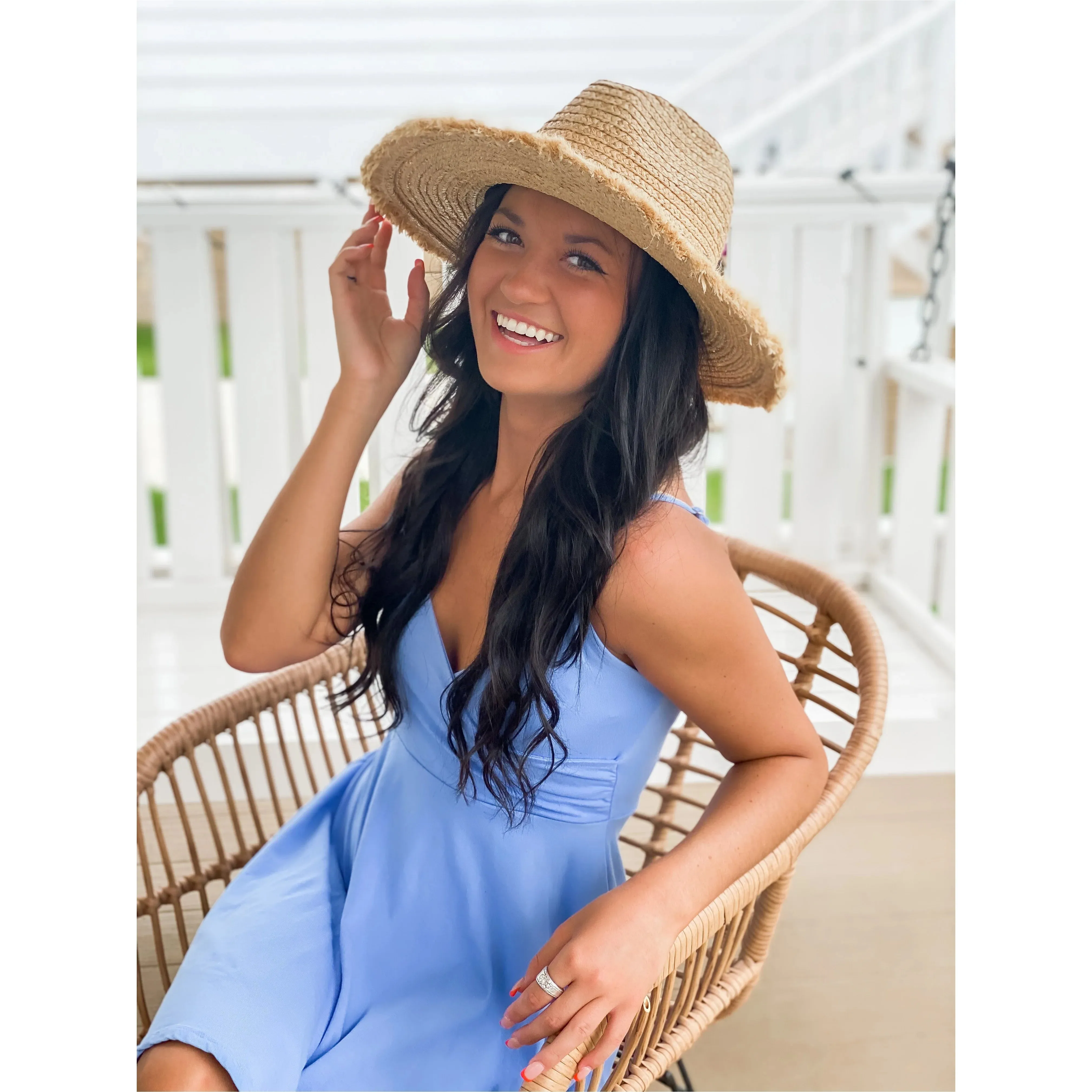 C.C Women's Natural Raffia Frayed Edge UV Protection Panama Sun Hat