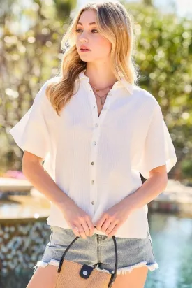 Collar Neck Button Down Sides Slit Oversized Solid Shirt Top