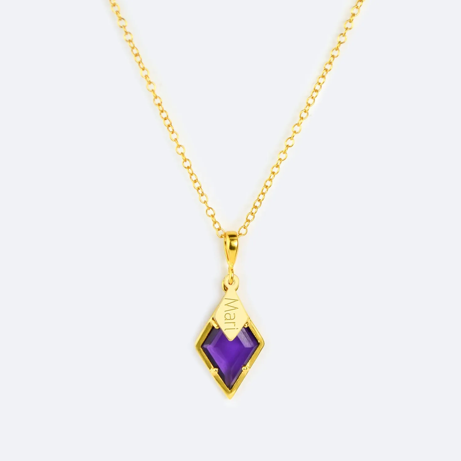 Diamond Shaped Birthstone and Name Necklace : February Purple Amethyst