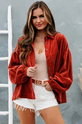 Ezra Corduroy Bubble Sleeve Button-Down Top(Rust)