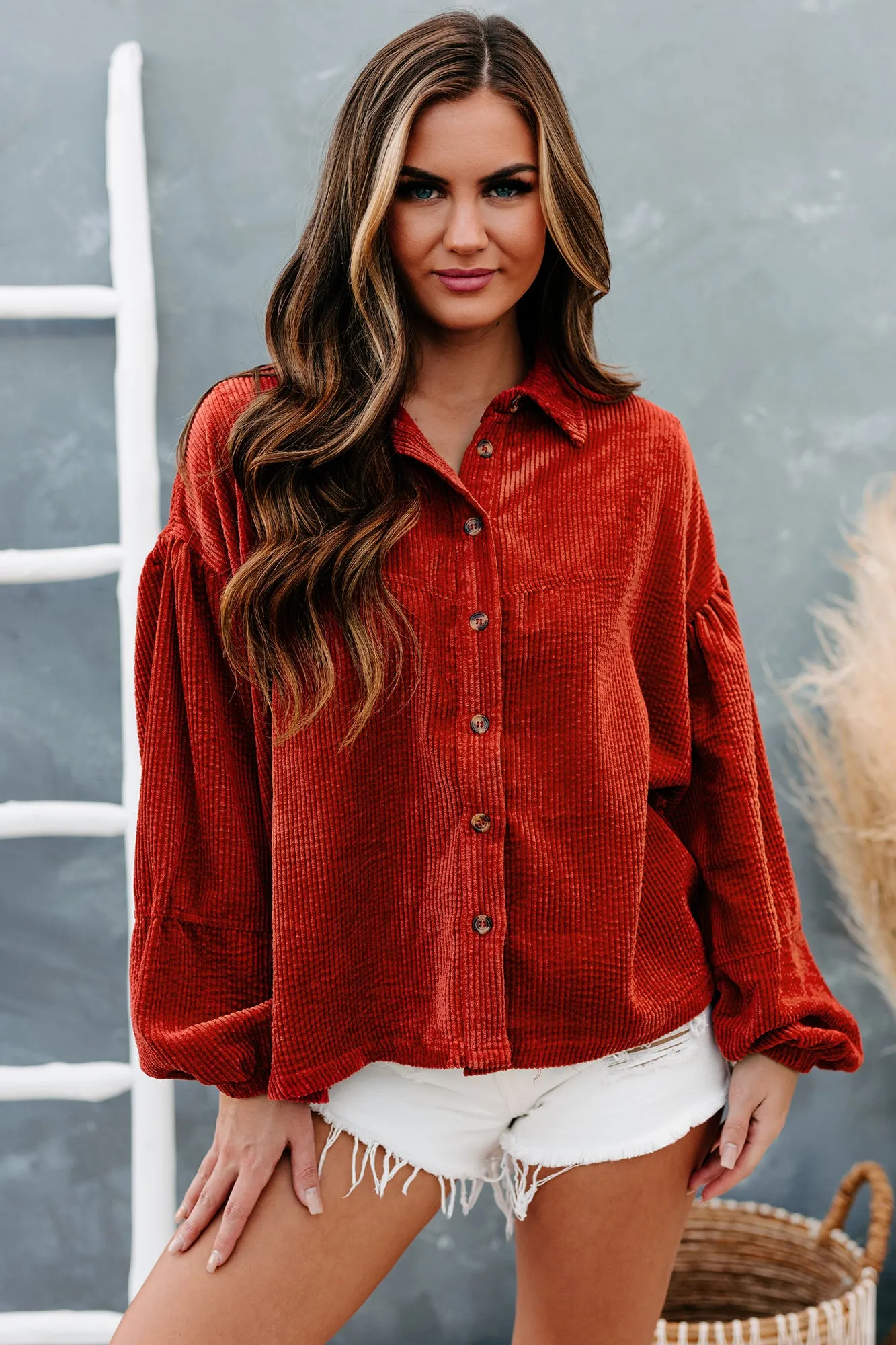 Ezra Corduroy Bubble Sleeve Button-Down Top(Rust)