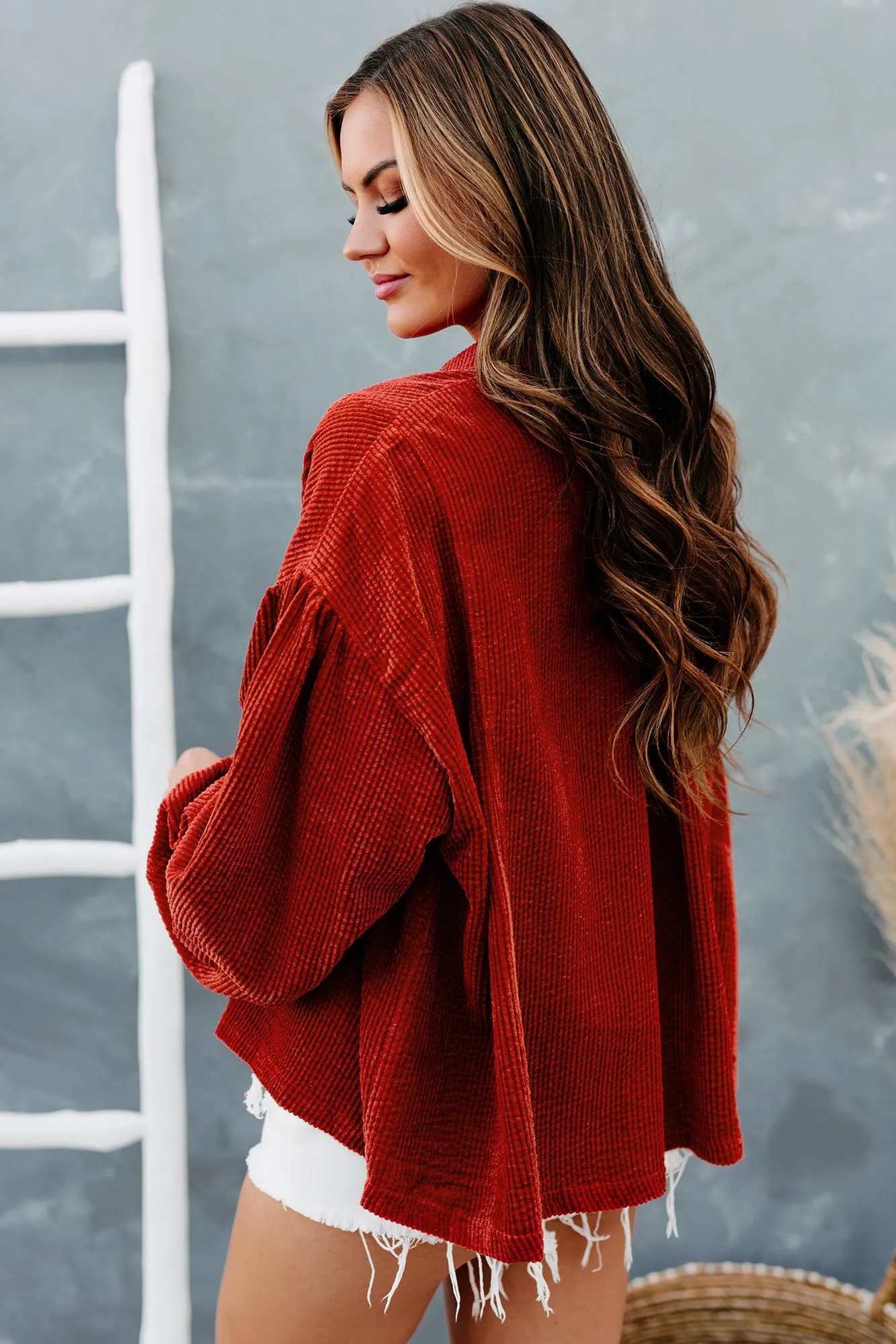 Ezra Corduroy Bubble Sleeve Button-Down Top(Rust)