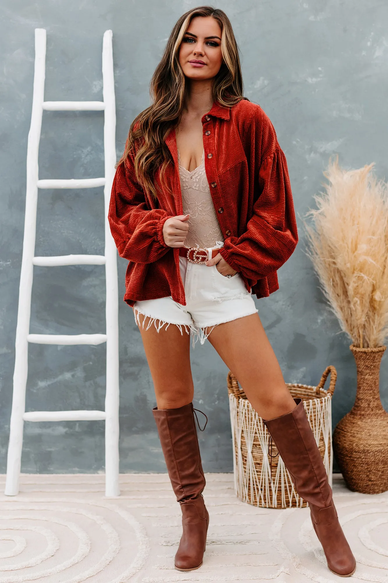 Ezra Corduroy Bubble Sleeve Button-Down Top(Rust)