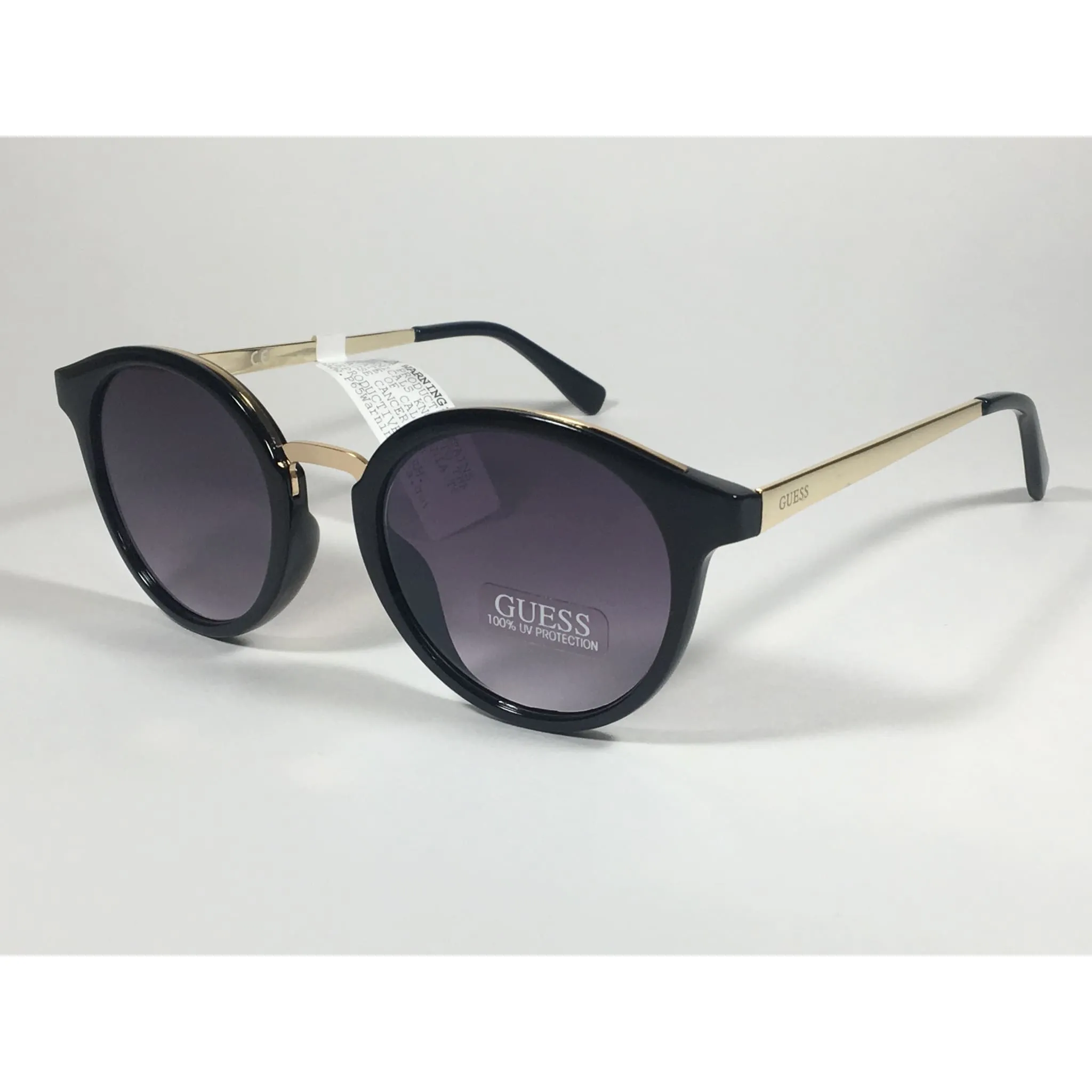 Guess Round Sunglasses GF0305 01C Black Gloss Gold Frame Gray Purple Smoke Gradient Lens