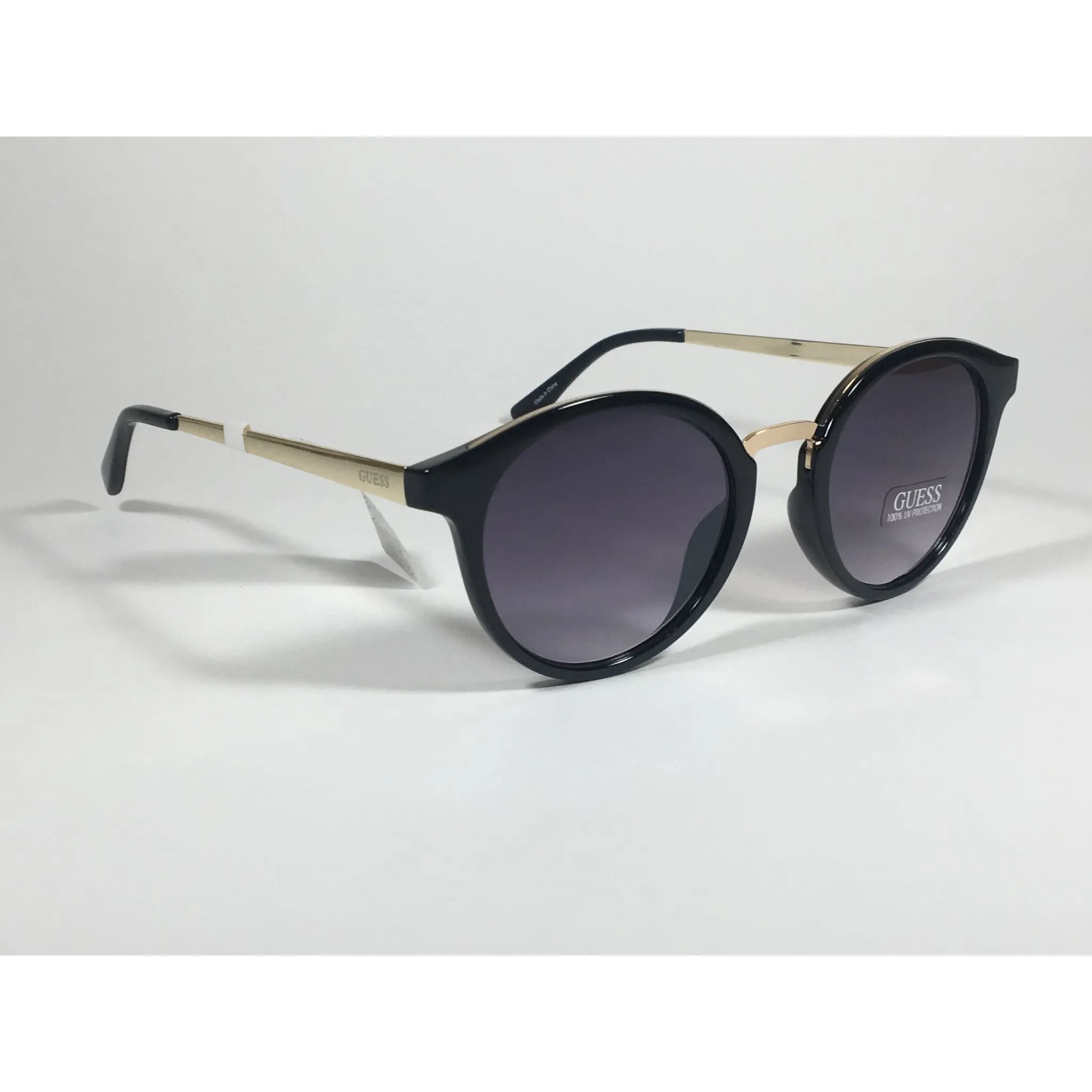 Guess Round Sunglasses GF0305 01C Black Gloss Gold Frame Gray Purple Smoke Gradient Lens