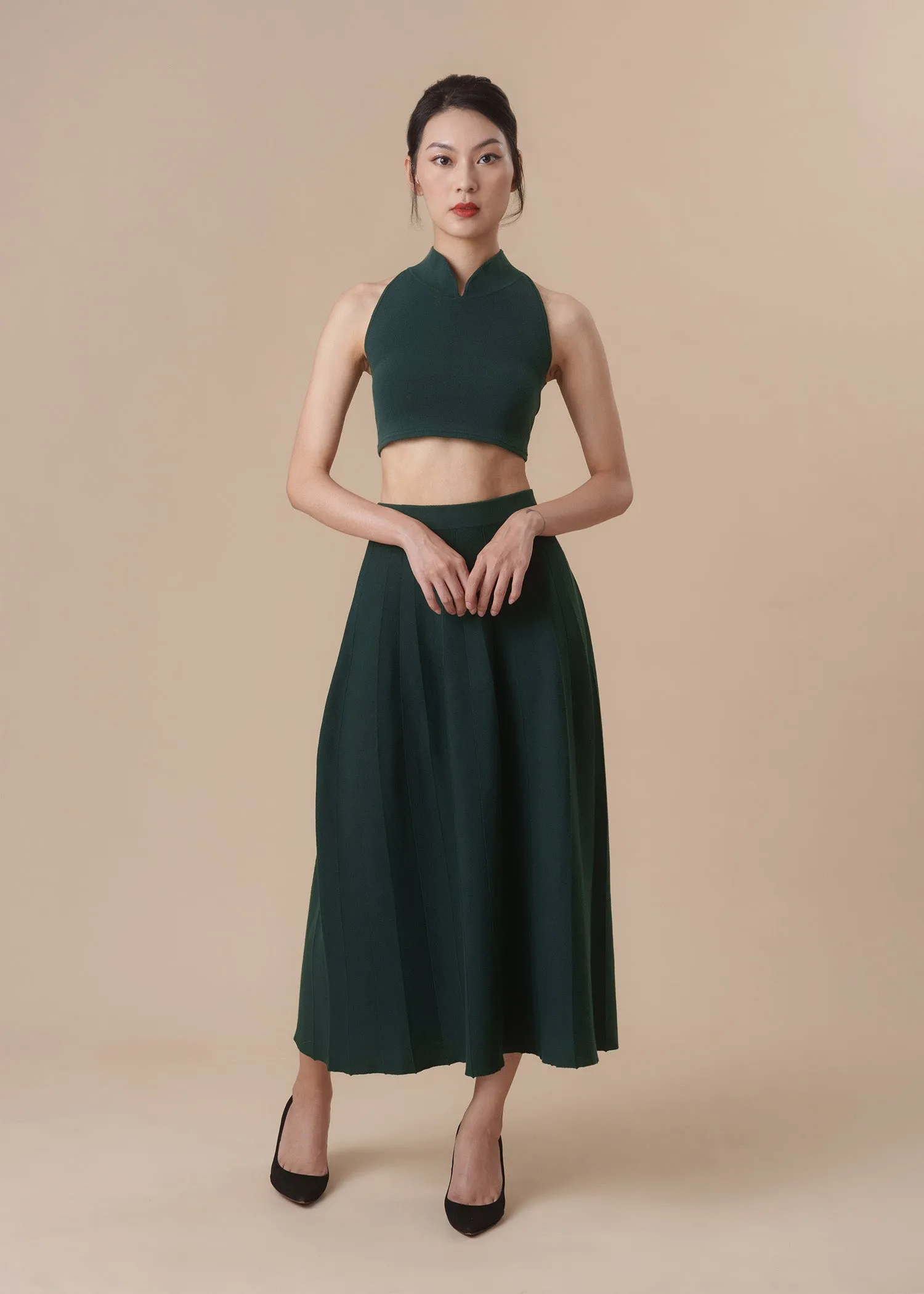 Halter Knitted Qipao Co-ord Set (Forest Green)