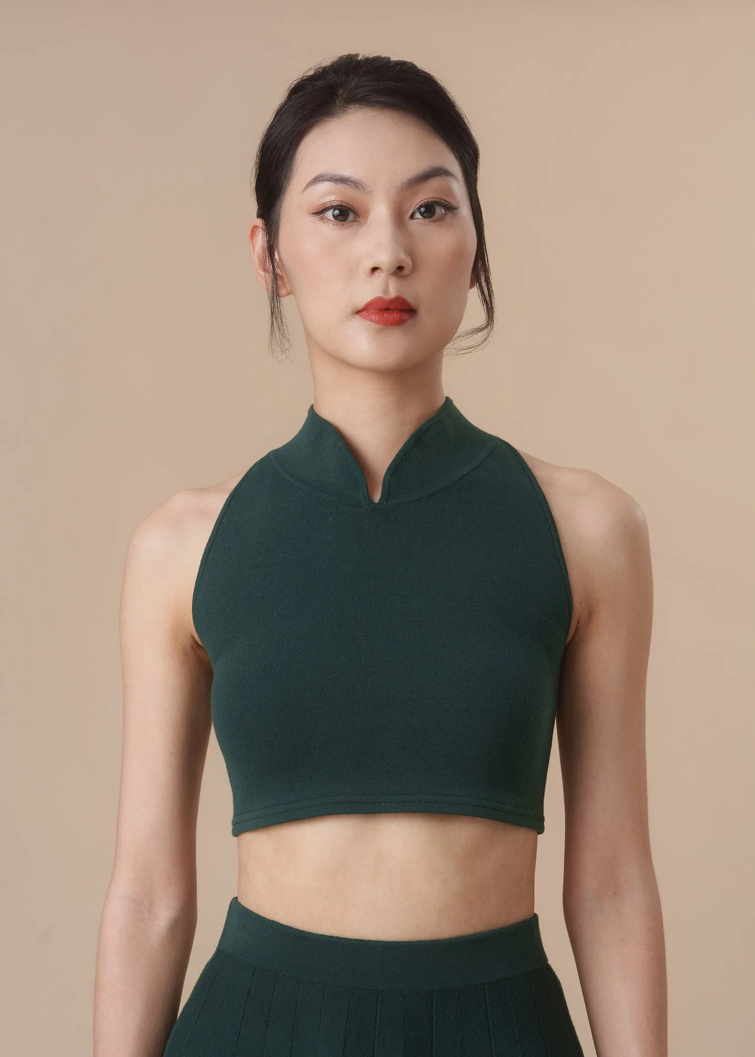 Halter Knitted Qipao Co-ord Set (Forest Green)