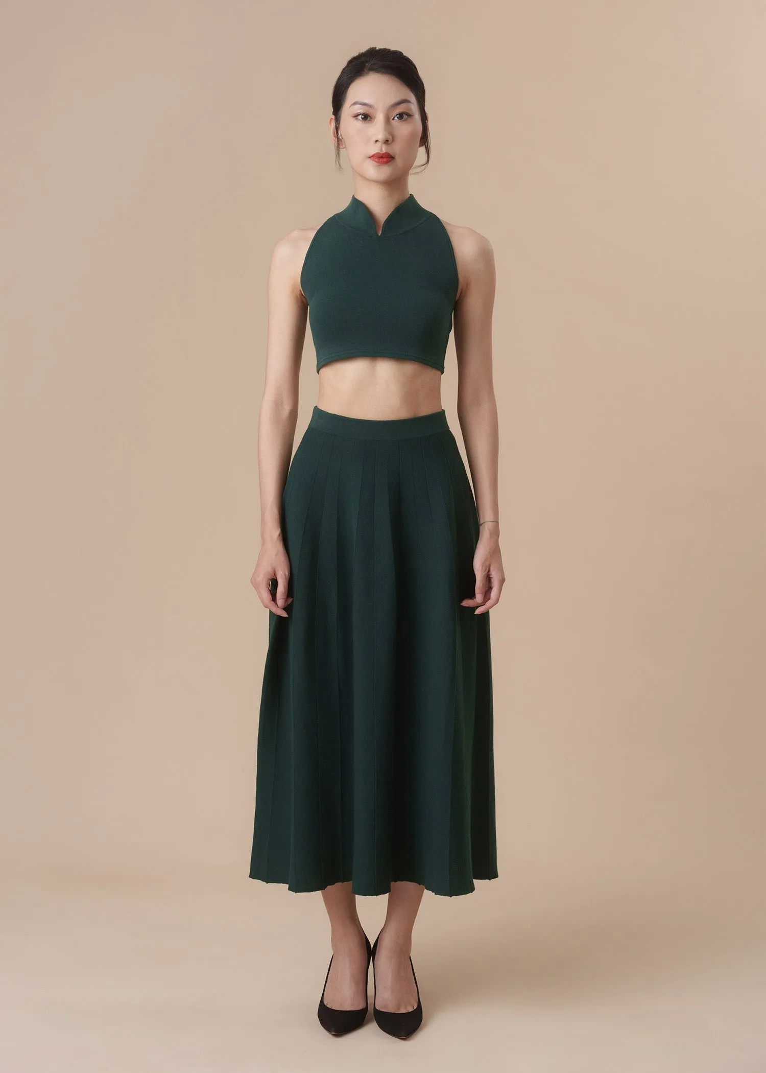 Halter Knitted Qipao Co-ord Set (Forest Green)