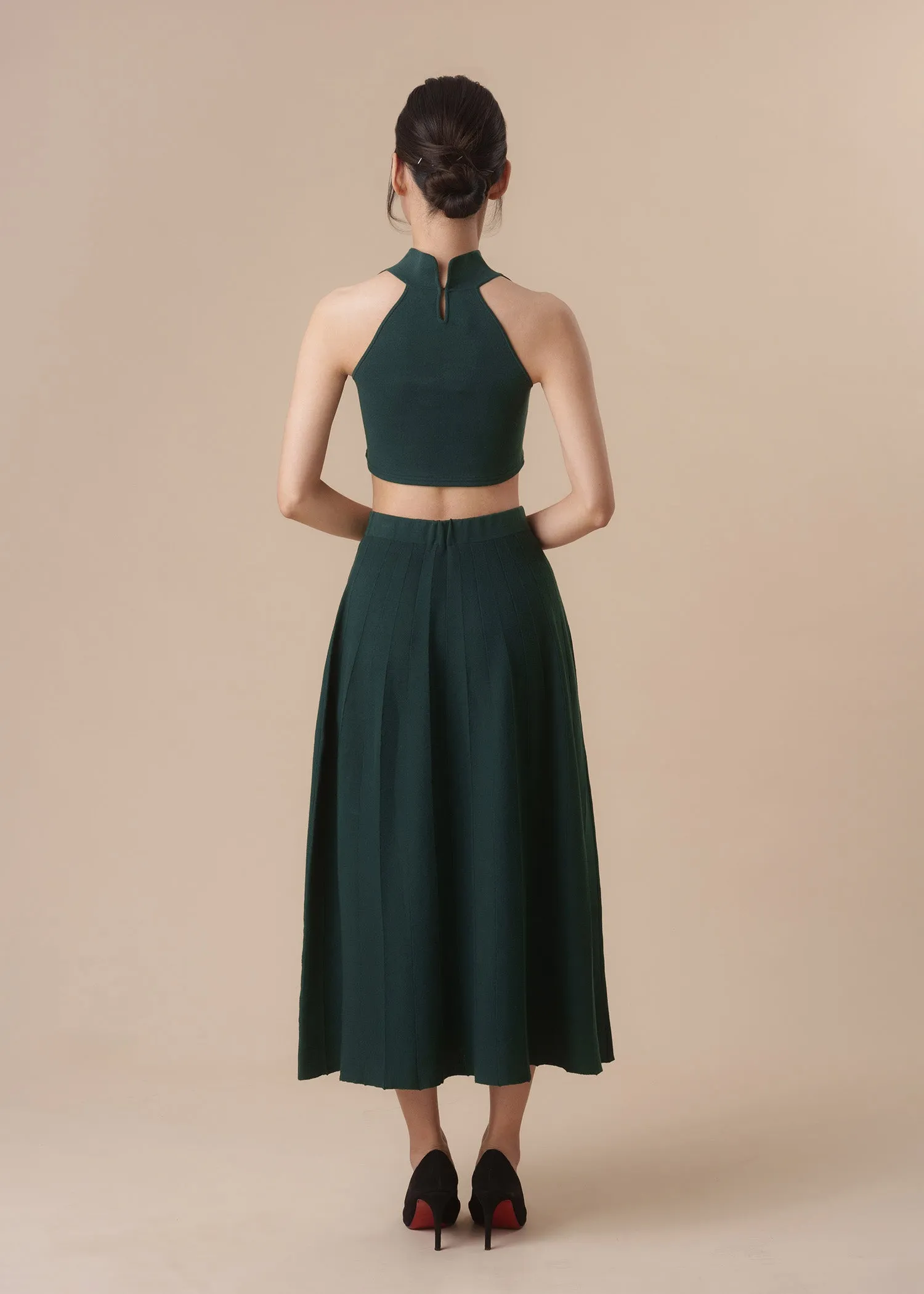 Halter Knitted Qipao Co-ord Set (Forest Green)