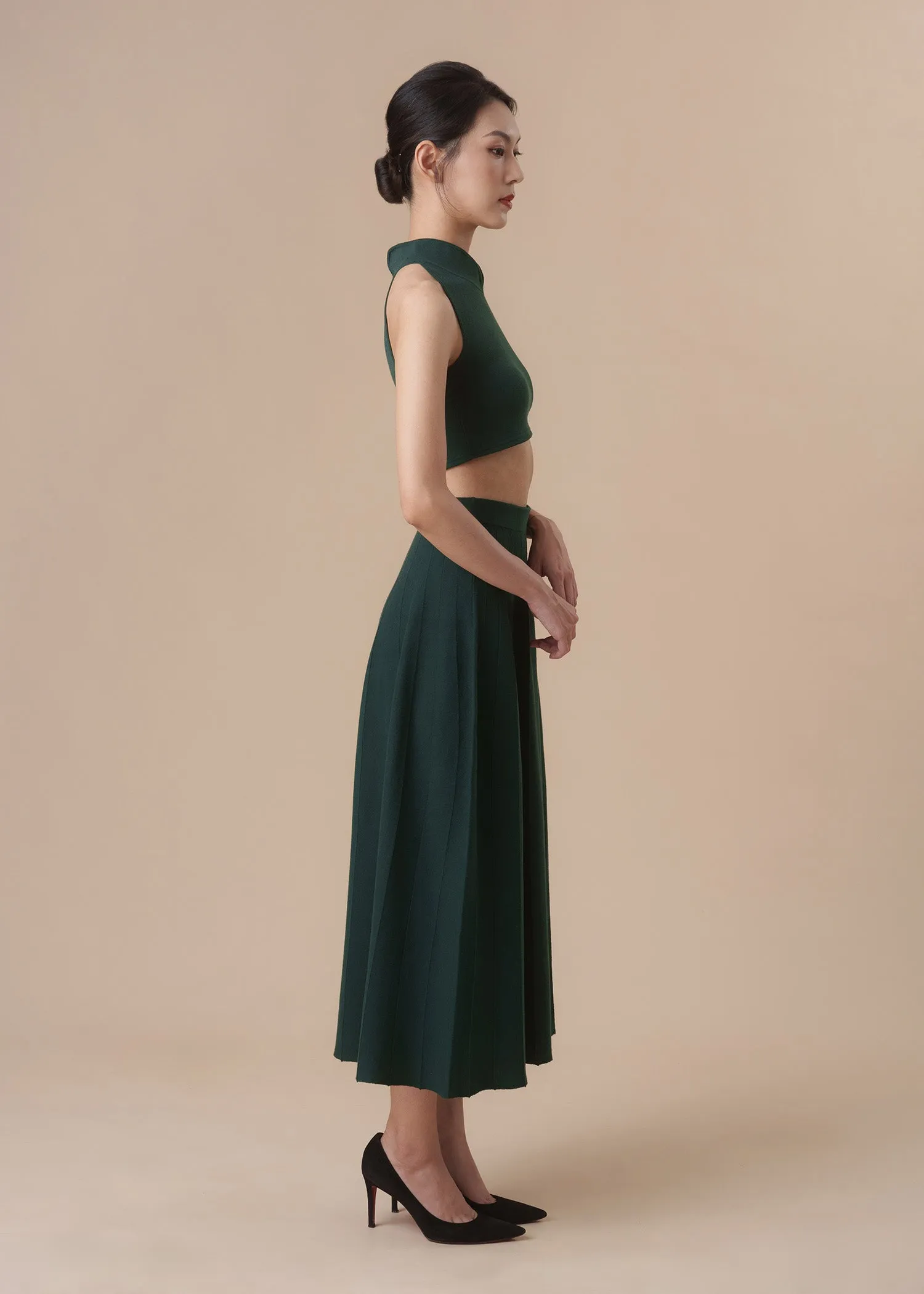 Halter Knitted Qipao Co-ord Set (Forest Green)