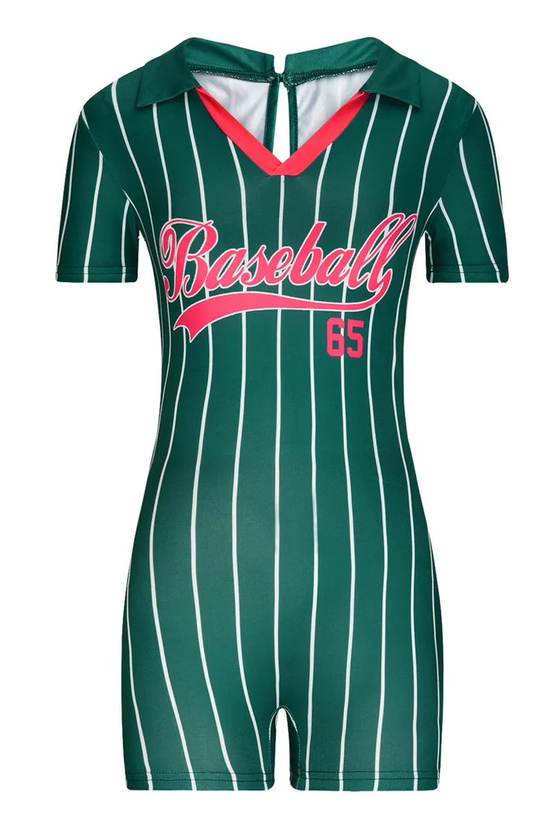 JD725 V Neck Letter Print Striped Short Sleeve Polo Romper