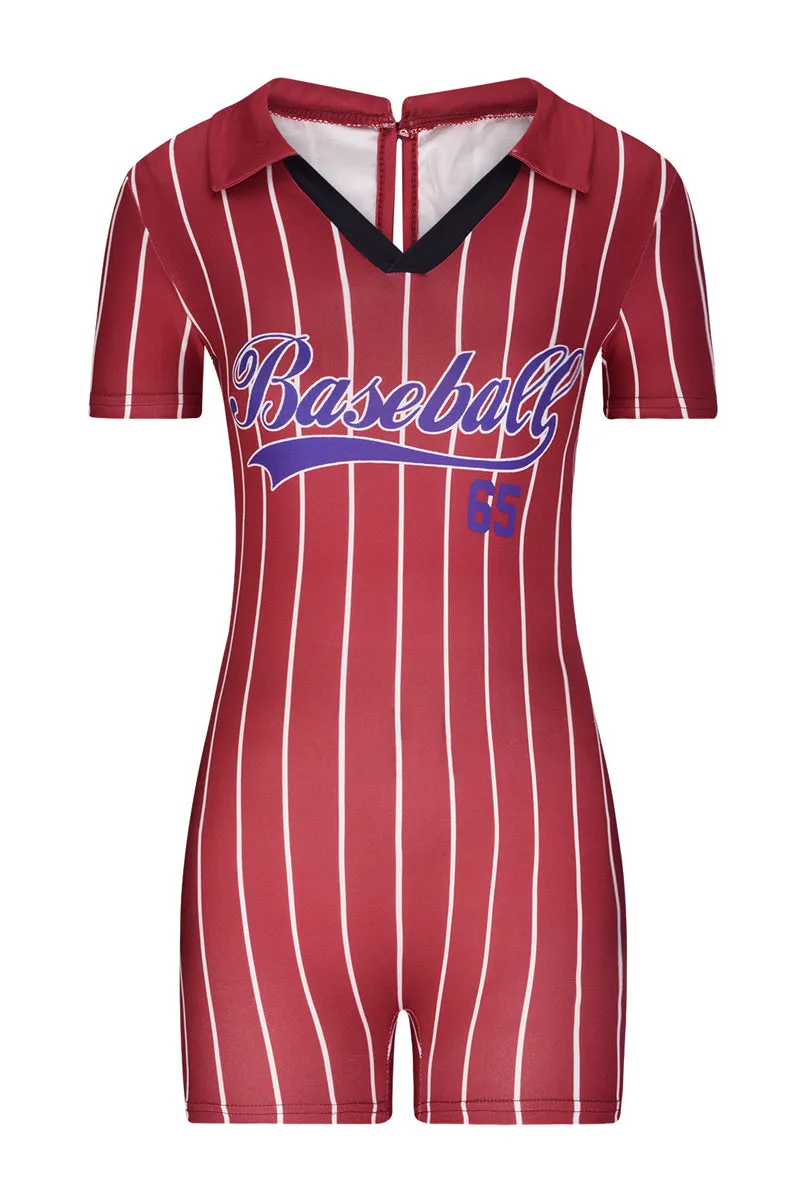 JD725 V Neck Letter Print Striped Short Sleeve Polo Romper