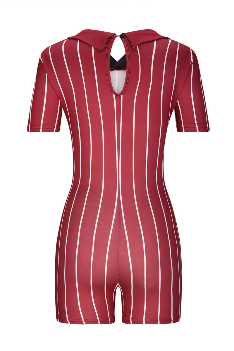JD725 V Neck Letter Print Striped Short Sleeve Polo Romper