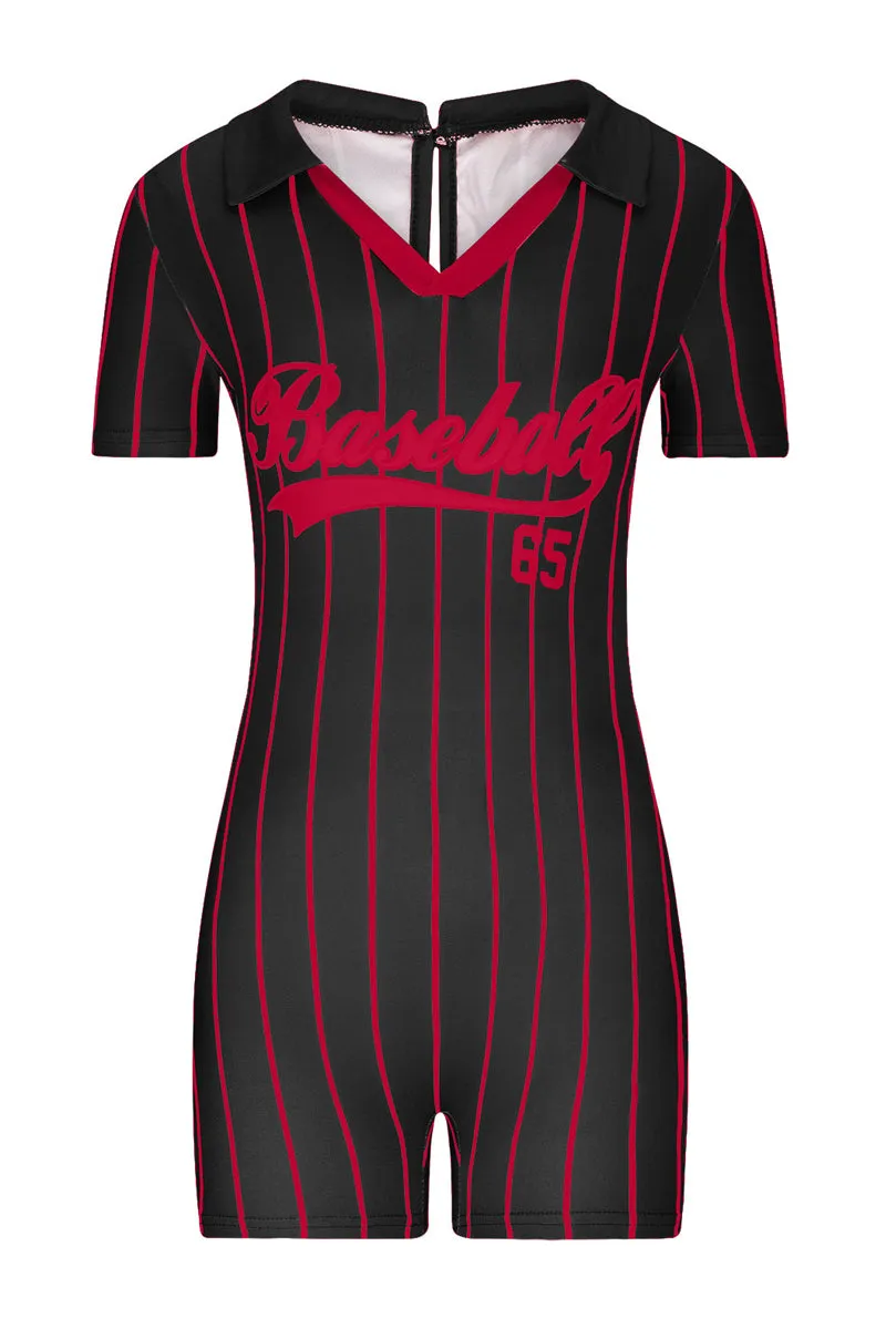 JD725 V Neck Letter Print Striped Short Sleeve Polo Romper