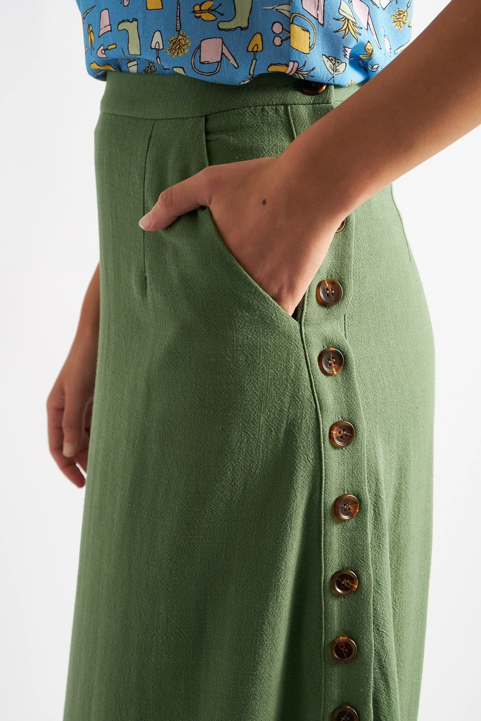 Lloyd Linen Mix Side Button Midi Skirt - Green