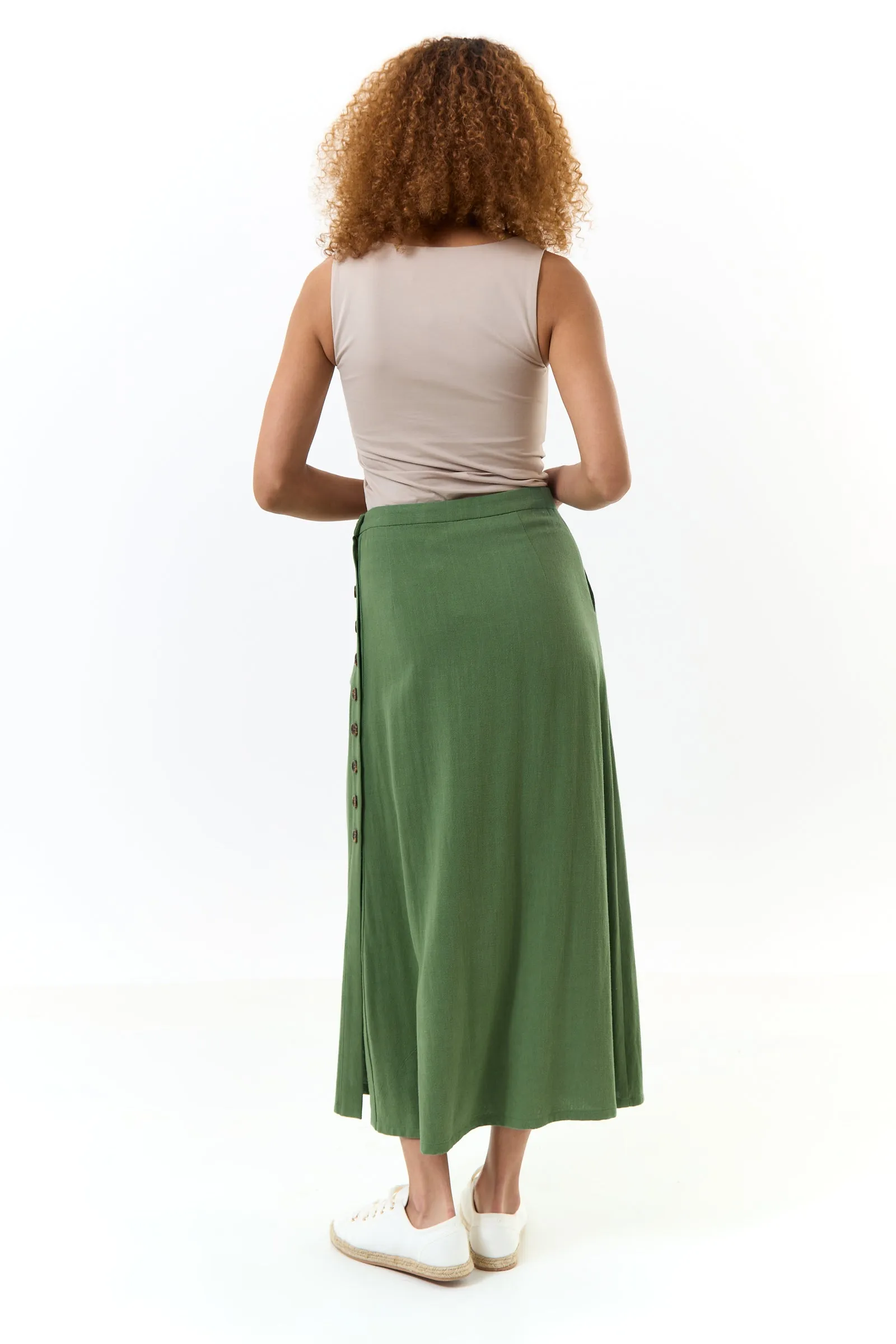 Lloyd Linen Mix Side Button Midi Skirt - Green