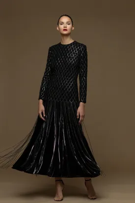 Long-Sleeved A-line Dress with Fringes