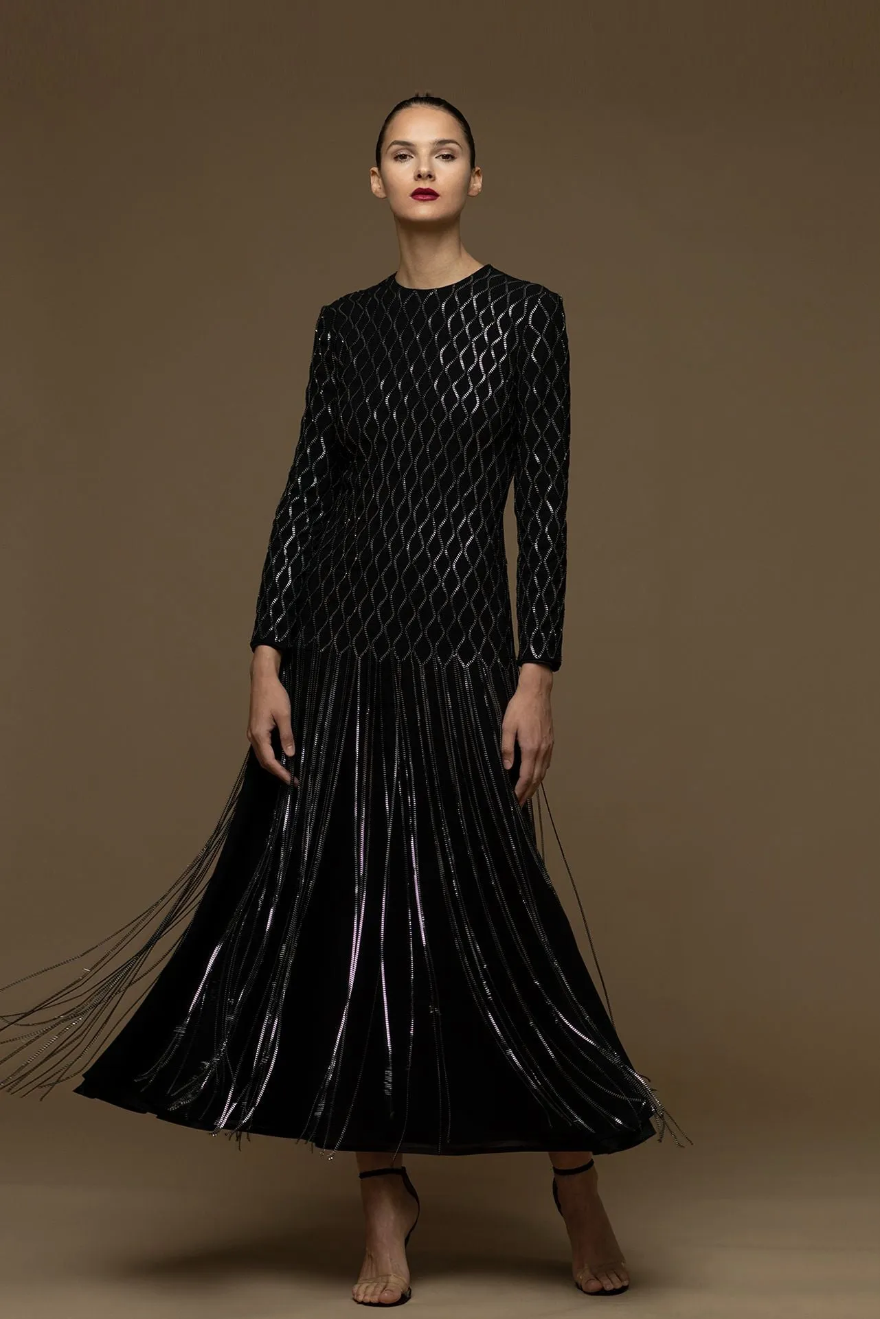 Long-Sleeved A-line Dress with Fringes