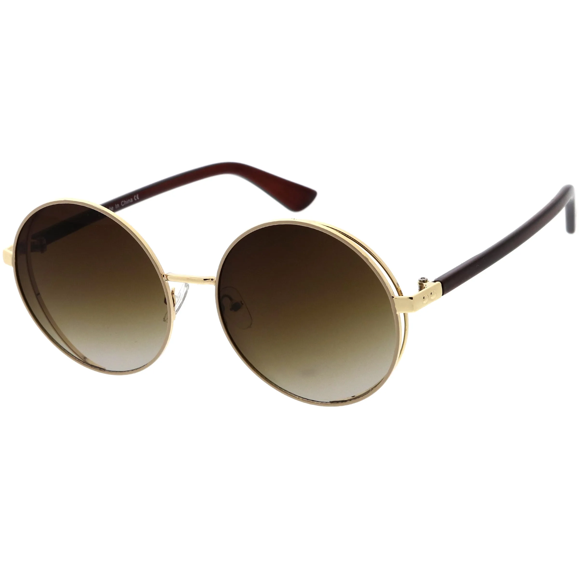 Luxe Posh Two-Tone Metal Side Cover Cut Out Round Sunglasses D055