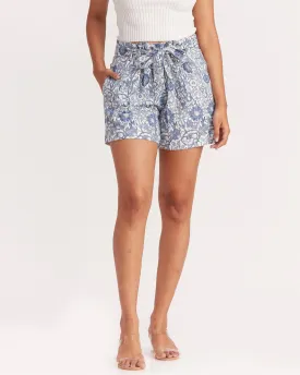 Mid Rise Paperbag Waist Floral Print Shorts - Blue Garden Print