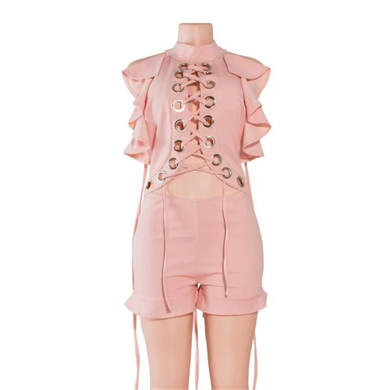 "Bali" sexy lace up ruffle detail romper jumpsuit