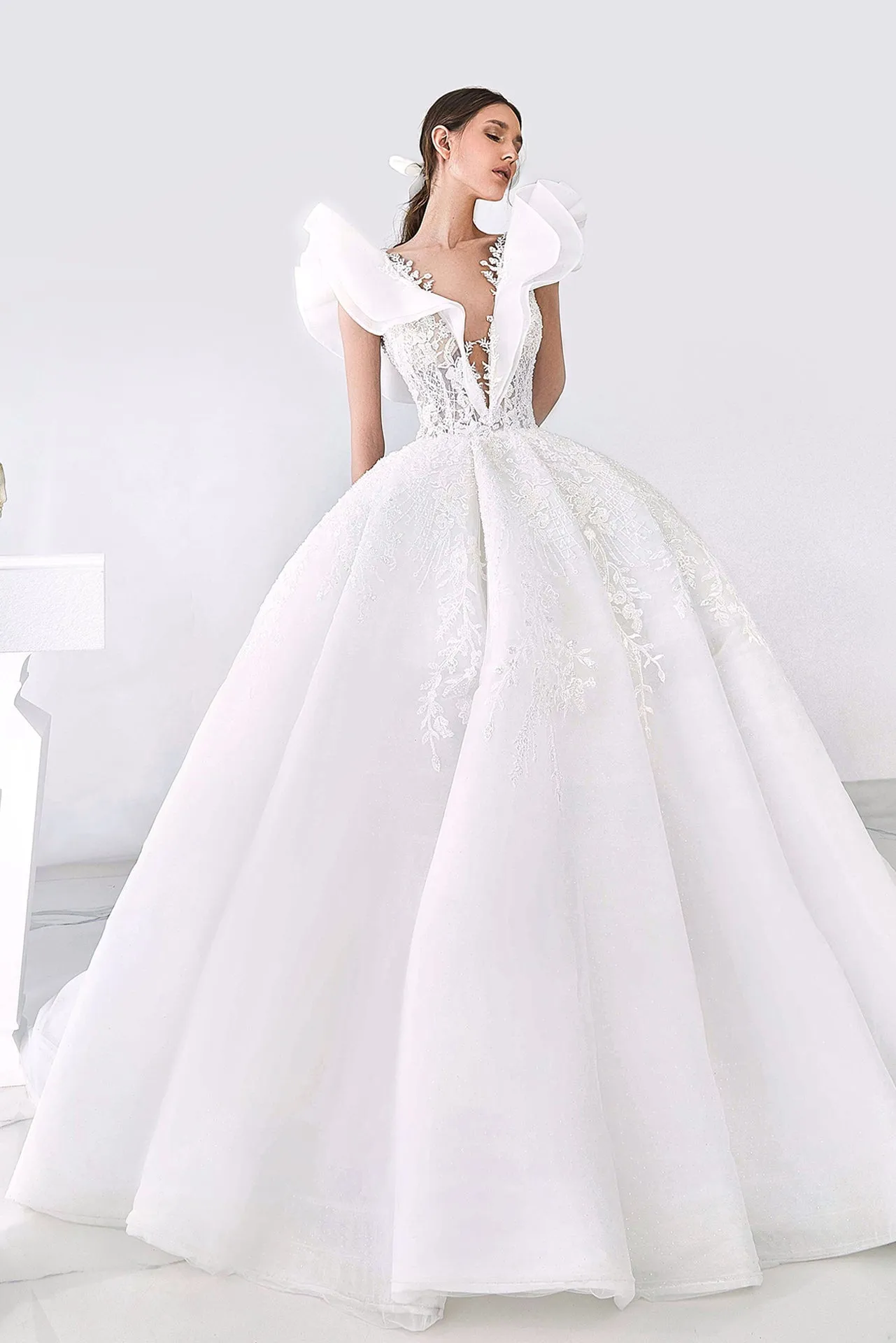 Ruffled Shoulder Wedding Gown with Plunging Neckline