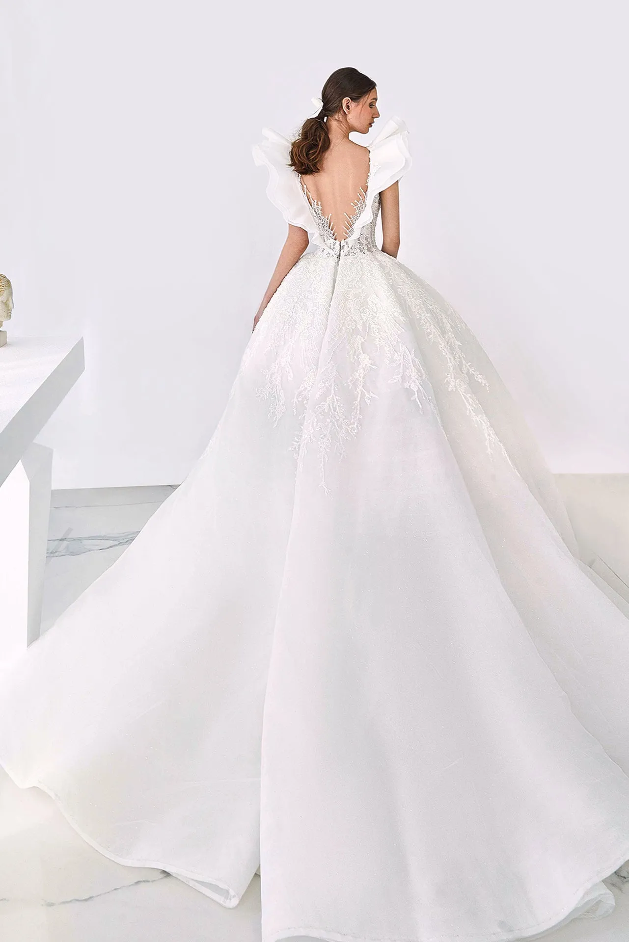 Ruffled Shoulder Wedding Gown with Plunging Neckline