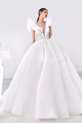 Ruffled Shoulder Wedding Gown with Plunging Neckline