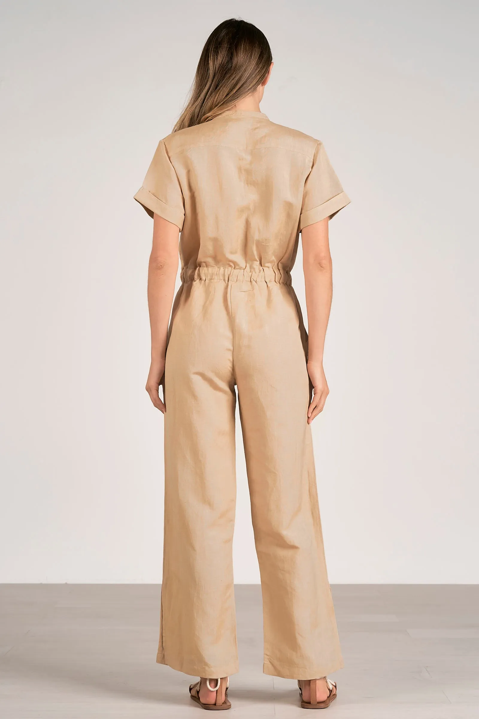 Short Sleeve Linen Jumpsuit Taupe