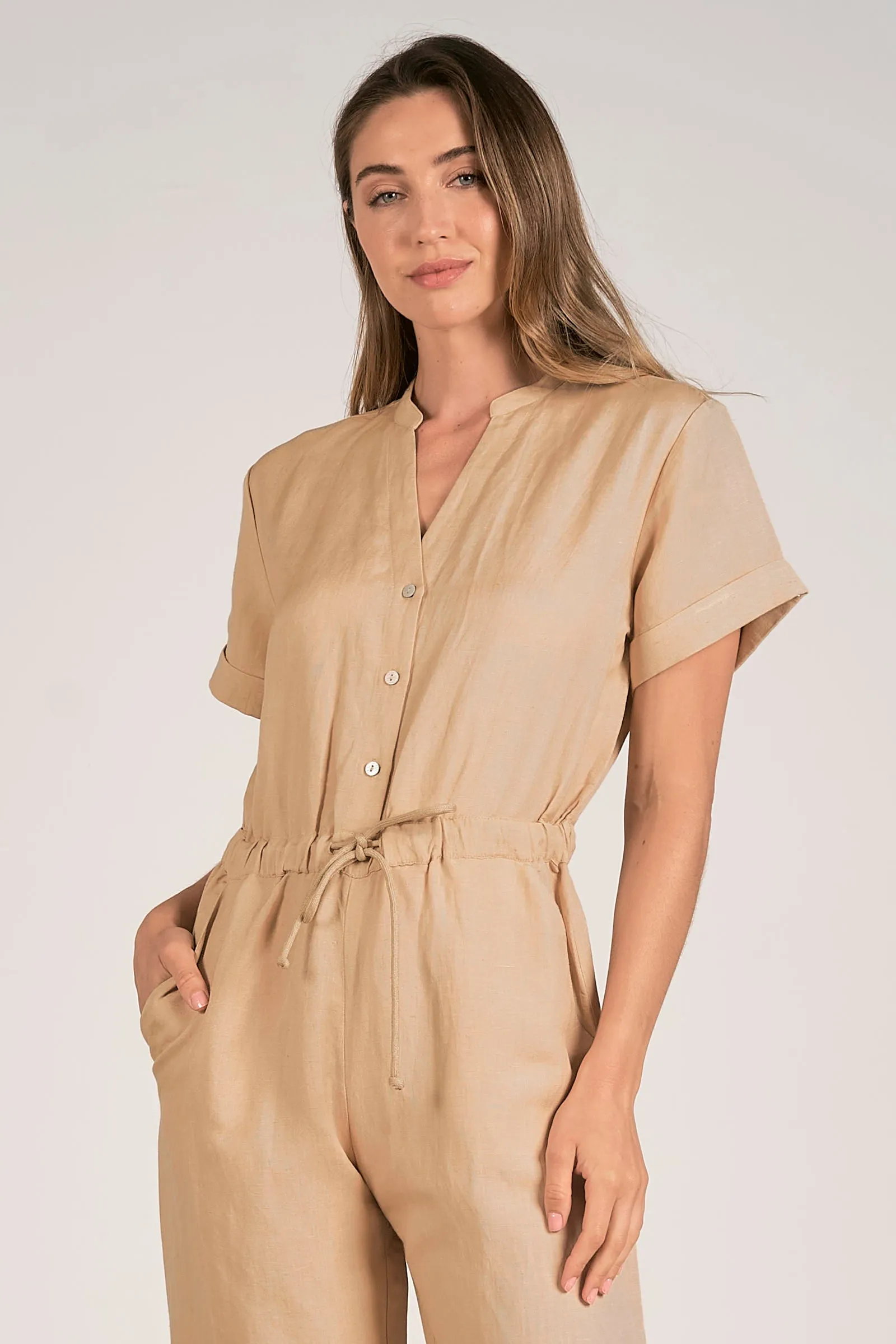 Short Sleeve Linen Jumpsuit Taupe
