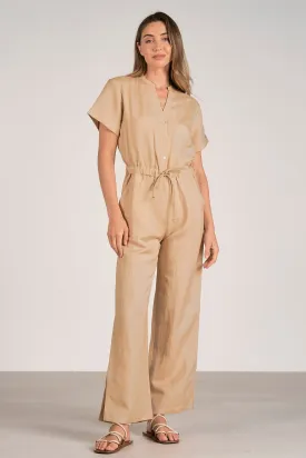 Short Sleeve Linen Jumpsuit Taupe