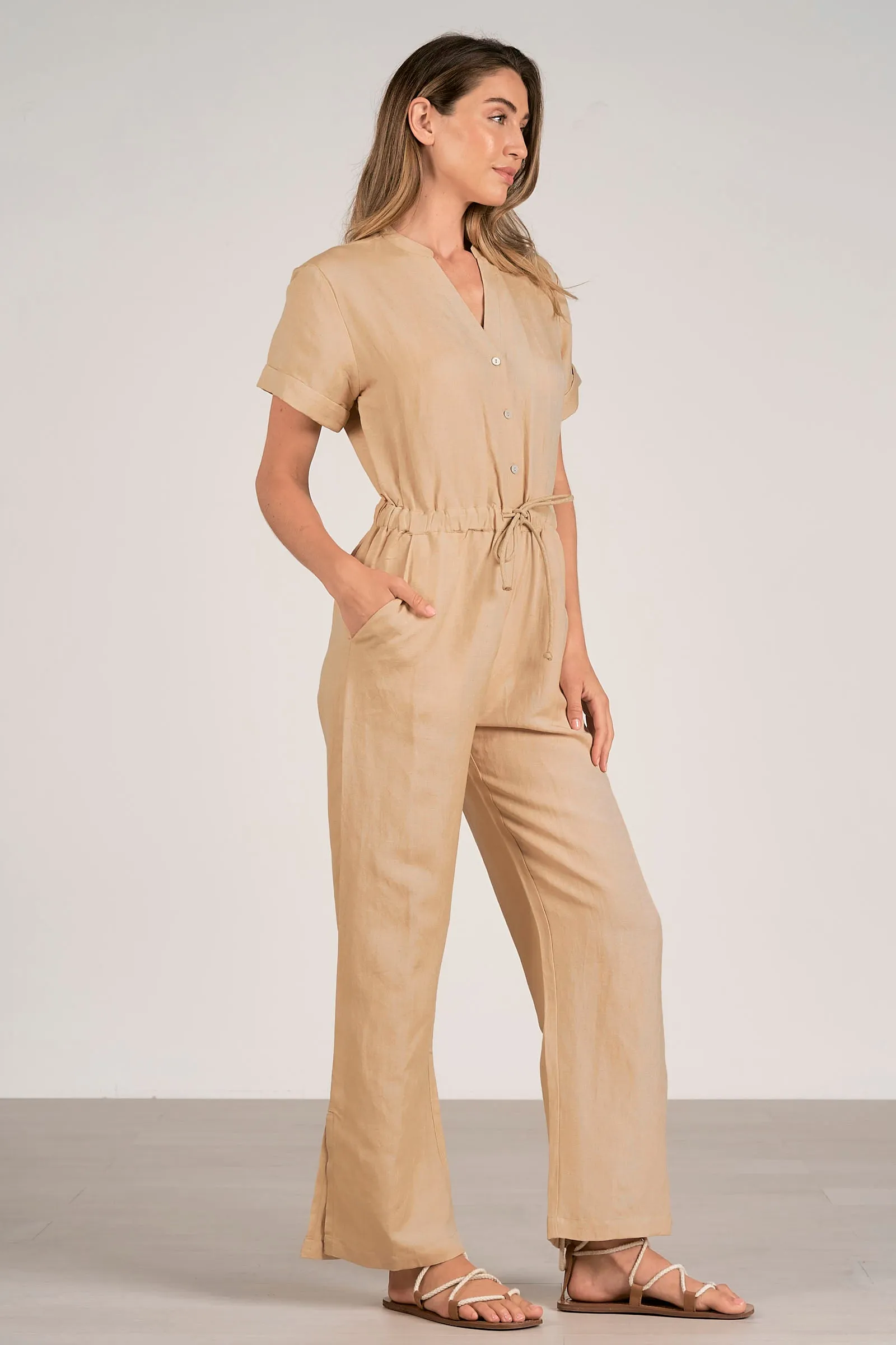 Short Sleeve Linen Jumpsuit Taupe