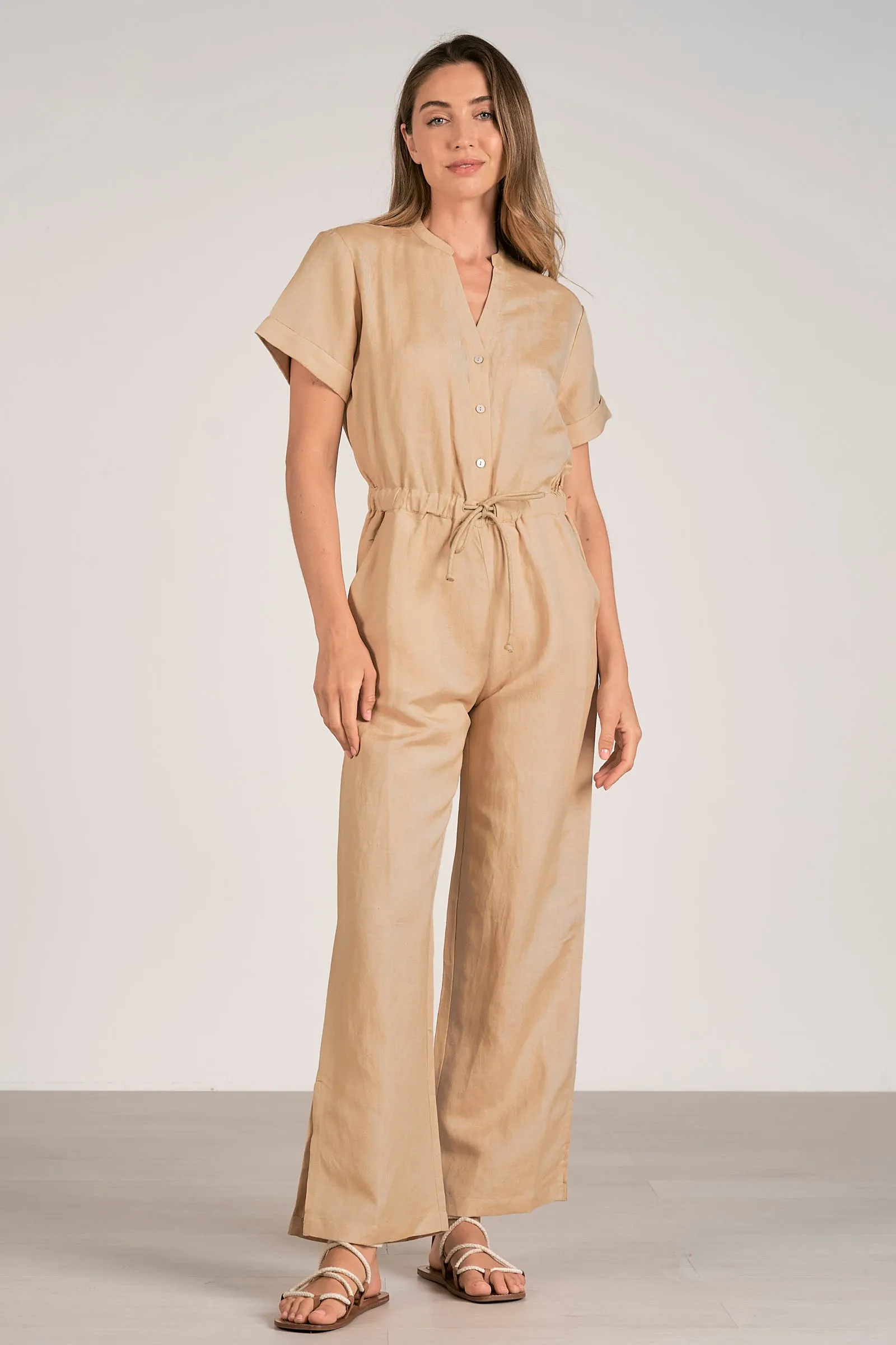 Short Sleeve Linen Jumpsuit Taupe
