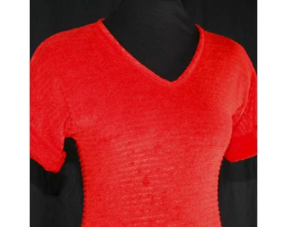 Size 4 Red Dress - 1970s Red-Orange Stretch Velour Dress - Small Size Beach Cover Up - Bust 33.5 - Waist 30 - Sexy 70s Casual - Mint - 39613