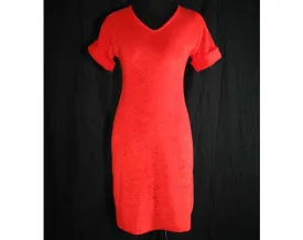 Size 4 Red Dress - 1970s Red-Orange Stretch Velour Dress - Small Size Beach Cover Up - Bust 33.5 - Waist 30 - Sexy 70s Casual - Mint - 39613