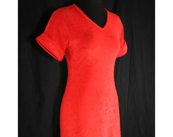 Size 4 Red Dress - 1970s Red-Orange Stretch Velour Dress - Small Size Beach Cover Up - Bust 33.5 - Waist 30 - Sexy 70s Casual - Mint - 39613